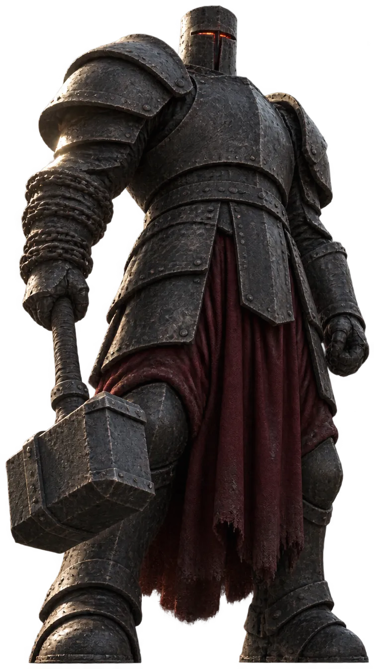 Colossus Ferri, gladiator raksasa berbaju besi hitam berpaku dengan helm tertutup dan gada besi besar