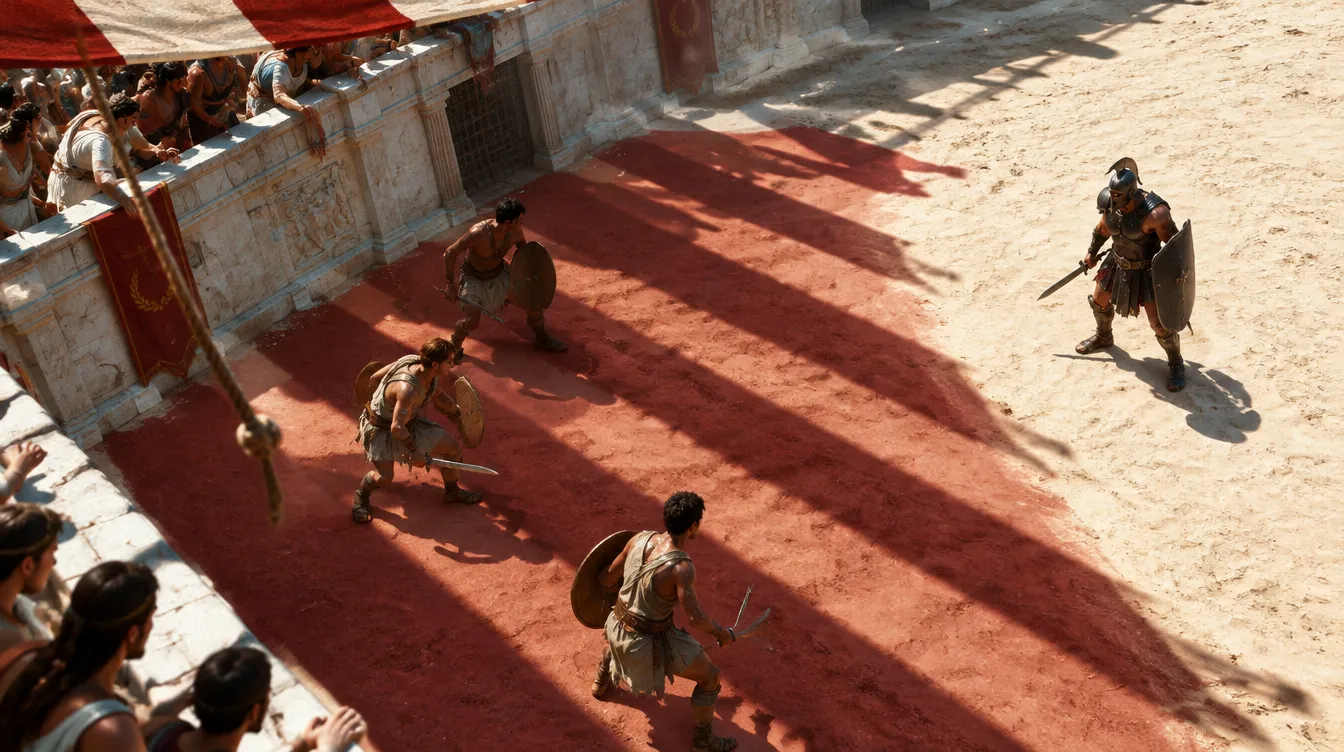 Arena dari atas: pita bayangan tenda velum melintang pasir, tiga gladiator di bayangan, secutor di bawah matahari